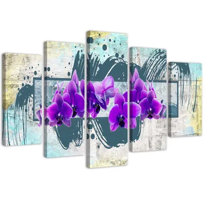 Produktbild von 5-teiliges leinwandbild lila blumen 150x100 cm Feeby lila wandbild bereit zum aufhängen