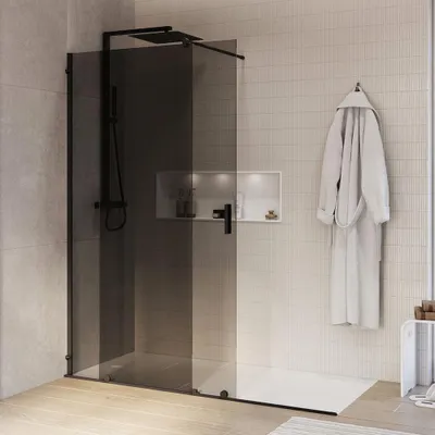 Produktbild von Duschabtrennung Walk-In Nano NT101 - Mit Schiebetür - Schwarz matt - Graues Glas - 8 mm - Breite wählbar, Breite Walk-In:1600mm