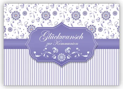 Produktbild von 4x Nette Glückwunschkarte für das Kommunions Kind mit Blümchen und Streifen, lila: Glückwunsch zur Kommunion