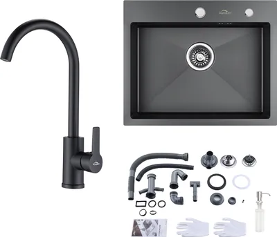 Produktbild von Auralum Küchenspüle Edelstahl Einbauspüle 55 × 45 CM + Hochdruck Küchenarmatur, Schwarz