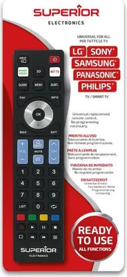 Product packaging for a universal remote control.