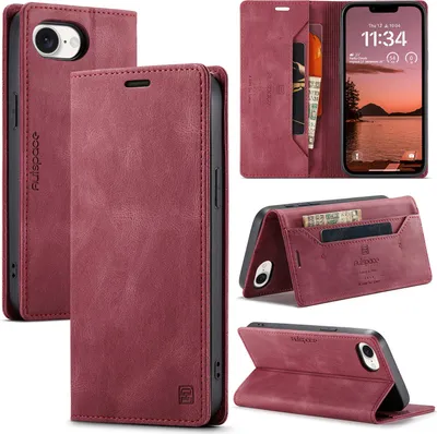 Produktbild von Hülle für iPhone 16e/iPhone 17e, Retro Kunstleder Tasche Kartenfächern und Ständer Schutzhülle Rot