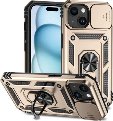 Produktbild von iPhone 15 Hülle mit Schiebe Kamera Schutz und Ringhalter Ständer Robust Rüstung Schutzhülle für iPhone 15 Gold