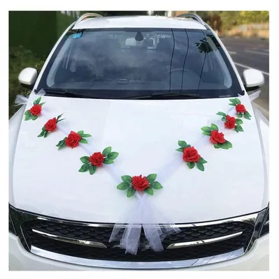 Produktbild von Autoschmuck Hochzeit mit Rosen und Organzaband Weiß/Rot 2er Set