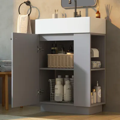 Produktbild von Merax Waschbeckenunterschrank mit Keramik Waschbecken, Badezimmerschrank mit Toilettenpapierhalter, UnterschrankSoft-Close, Stauraum, Rillenoptik,Grau