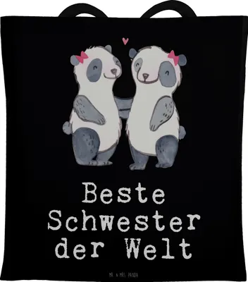 Produktbild von Mr. & Mrs. Panda Schultasche Panda Beste Schwester der Welt - Schwarz - Geschenk, Geschenkidee, Jutebeutel, Tasche, Familie, Tote Bag, Geschwister, Shopping, Kinder