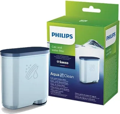 A Philips AquaClean water filter and its packaging are shown.
