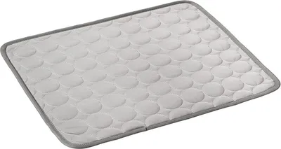 A light gray cooling mat with a pattern of circles, bordered by a darker gray trim, is shown on a white background.
