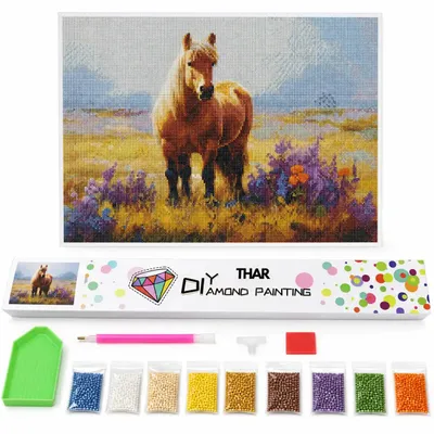 Produktbild von THAR Diamond Painting Pferd auf Blumenwiese 40 x 50 cm Komplettset