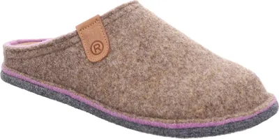 A single brown slipper with pink and gray trim is shown against a white background.