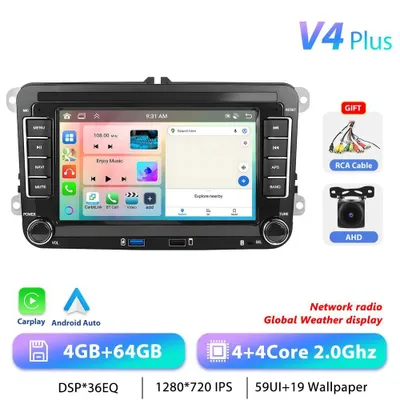 Image de Autoradio Android - Format 2-DIN pour Volkswagen - Écran tactile 17,8 cm (1024×600) - Android 13 - Mémoire : 4 Go de RAM et 64 Go de ROM - Processeur 2,0 GHz - 2 ports USB - GPS