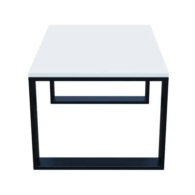 A white coffee table with black legs and a shelf underneath, isolated on a white background.