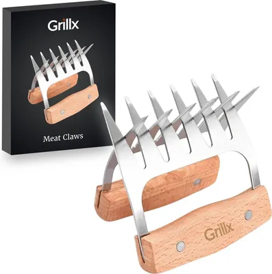 Produktbild von GrillX Luxus Fleischkrallen – Holzgriff – Edelstahl Meat Claws – Fleischzerkleinerer – Pulled Pork, Chicken – Kamado BBQ Zubehör