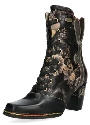 Produktbild von Laura Vita Damen Stiefelette mit floralem Muster und Blockabsatz Cendrillon 11, Größe:40 EU, Farbe:Schwarz