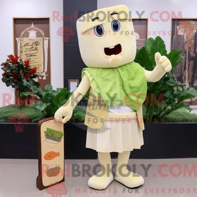 Image de Personnage mascotte REDBROKOLY d une Salade César Beige habillée d une Robe Fourreau et de Portefeuilles
