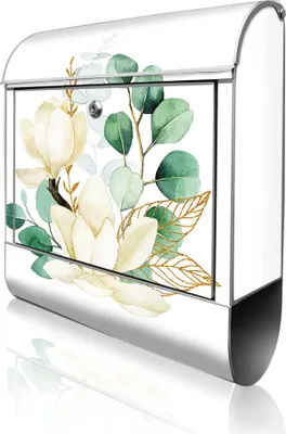 Produktbild von banjado Design Briefkasten Stahl silber mit Zeitungsfach pulverbeschichtet "Magnolienkomposition" 38x46x12,5cm & 2 Schlüssel - Postkasten A4 Einwurf inkl. Montagematerial [BK 13231]
