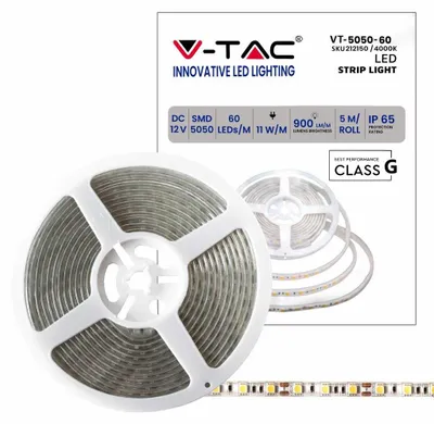 Immagine prodotto di V-TAC VT-5050 Striscia 300 LED SMD 5050 strip 5Mt 11W/mt IP65 60led/mt 12v Bianco Naturale 4000K - 212150