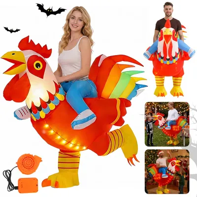 Zdjęcie produktu dla Kostium Juksun Hahnen, rozmiar 150-190 cm, dla dorosłych, wykonany z poliestru, nadmuchiwany, z podświetleniem LED i dmuchawą, idealny na imprezy halloweenowe i karnawałowe