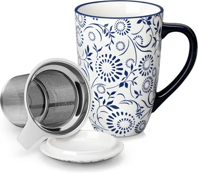 Produktbild von Teetasse mit Deckel und Sieb, große Porzellantasse, 540 ml Keramikbecher Set mit Edelstahl Sieb, modernes Teegeschirr für Teeliebhaber