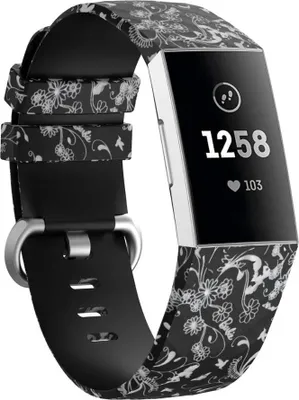 Produktbild von Silikon-Smartwatch-Armband - Passend für Fitbit Charge 3 / 4 Armband mit schwarzer Blume - Strap-it Uhrenarmband / Armband / Armbänder - Größe: Größe L