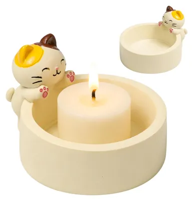 2er-Set Teelichthalter Katze, Harz, 7,2x6,2 cm, weiß