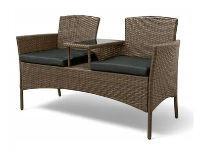 Produktbild von BETTSO Polyrattan Gartenbank ARNA 2-Sitzer Hellbraun - Gartensofa mit Tisch & Kissen Graphit - Wetterfest & Robust - für Balkon & Terrasse - 140cm