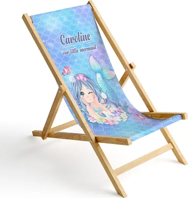 Produktbild von Kinder Holz-Liegestuhl Personalisierbar Klappbar Klappliegestuhl Sonnenliege Strandstuhl Wechselbezug Motiv Meerjungfrau [119]