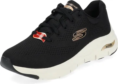 A studio shot of a black Skechers Arch Fit sneaker with rose gold accents.