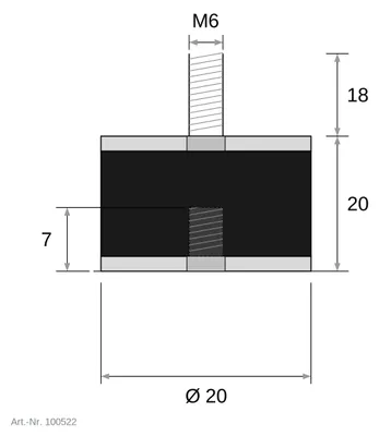 Produktbild von Gummi-Metall-Puffer Typ B – Schwingungsdämpfer mit einseitigem Innen- & Außengewinde | Ø 6–150 mm | M3–M16 | Stahl oder Edelstahl 20 x 20 mm / M6 x 15 mm