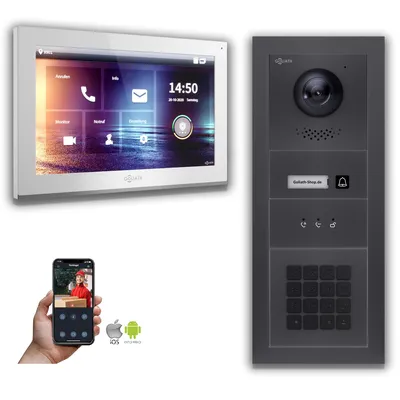 Produktbild von Goliath IP Video Türsprechanlage 1-Monitor Zahlencode Anzeige Anthrazit : Aufputzdose : 10 Zoll in Weiß : 4er POE (Standard) Türklingel