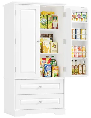 Zdjęcie produktu dla Szafka kuchenna na zapasy – wysoka szafka kuchenna – 2 drzwi, 2 szuflady – regulowane półki – płyta MDF – 60 x 40 x 120 cm – biała