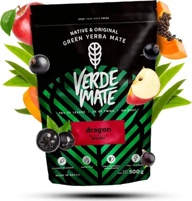 Produktbild von Verde Mate - Mate Tee Dragon 500g - Dicke Blätter 5 mm Luftgetrocknet - Mit Drachenfrucht, Mango - Exotische Energie - Yerba Mate Brasilien