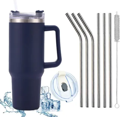 Produktbild von 1200 ML Isolierbecher Edelstahl mit Griff 40 OZ Doppelwandiger Kühlbecher Reisebecher Autobecher mit Strohhalm und Auslaufsicher Becherdeckel, dunkelblau, 9 Stück, 40 OZ
