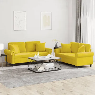Produktbild von Design 2-tlg. Sofagarnitur mit Kissen Gelb Samt, Schlafsofas 2024 Neu
