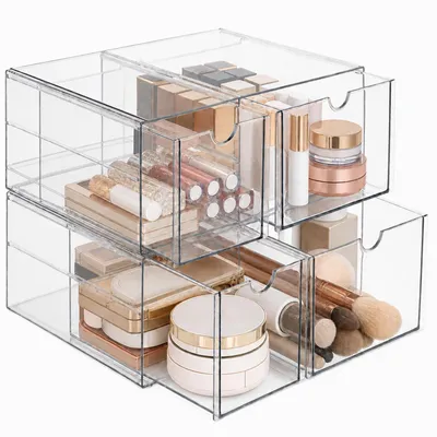Produktbild von Acryl Kosmetik Organizer,Stapelbare Schubladenbox 4 Schubladen Transparente Aufbewahrungsbox Schubladen Organizer für Schminktisch und Badezimmer