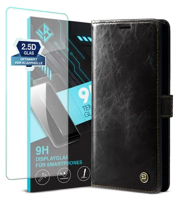 Produktbild von Handyhülle für Samsung Galaxy S25 Ultra mit 9H Displayglas Kunstleder Klapphülle Vintage Cover Hülle RFID Schutz Case Kartenfach Farbe: Schwarz