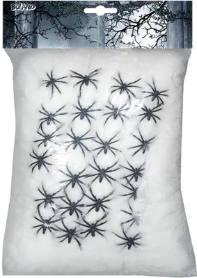 A bag of white fake spider webs with black plastic spiders inside, with a Halloween-themed header.