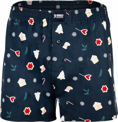 Obrázok produktu pre Pánske boxerky Happy Shorts – X-MAS, americký štýl, bavlna, vianočný potlač so snehuliakmi a perníkovými panáčikmi, tmavomodrá, veľkosť S