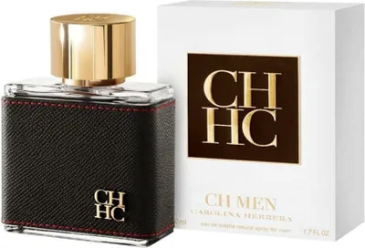 A product shot of a bottle of Carolina Herrera CH Men Eau de Toilette and its packaging.
