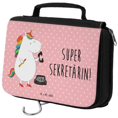 Produktbild von Mr. & Mrs. Panda Kulturtasche Einhorn Sekretärin - Rot Pastell - Geschenk, Necessaire, Büro, Unicorn, Einhörner, kosmetiktäschchen, Kulturbeutel, badtasche, Schminkbeutel