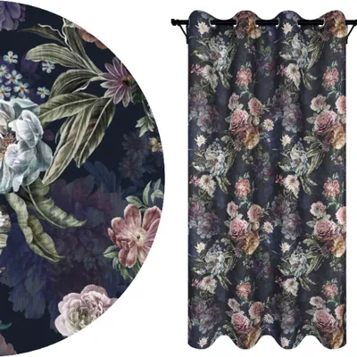 A close-up of a floral curtain pattern next to a full curtain.
