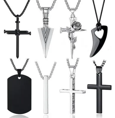 Productafbeelding van Halsketting set voor heren, 8-delig, roestvrij staal, kruis, zwart, zilver, 41-60 cm