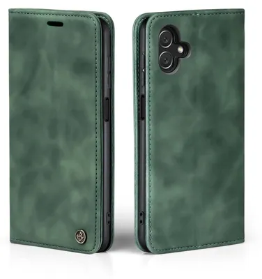 A green flip cover phone case for a Samsung Galaxy A05 is shown from two angles.