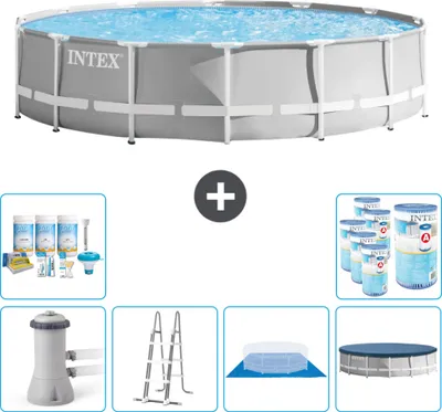 Produktbild von Intex Round Prism Frame Swimming Pool – 427 x 107 cm – Grau – inklusive Pumpe – Leiter – Bodenplane – Abdeckung Wartungspaket - Filter