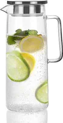 Image de Carafe à glace en verre avec couvercle, carafe à glace, eau froide ou chaude, carafe à glace, vin, café, lait et jus de fruits, carafe à eau, 1 200 ml