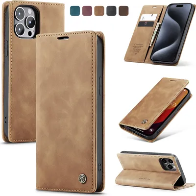 Produktbild von iPhone 15 Pro Hülle, Retro Kunstledertasche Kartenfächer Klapphülle mit Standfunktion Schutzhülle für iPhone 15 Pro Braun