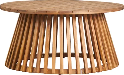 A round, wooden coffee table with a slatted top and a tapered base made of vertical wooden slats.