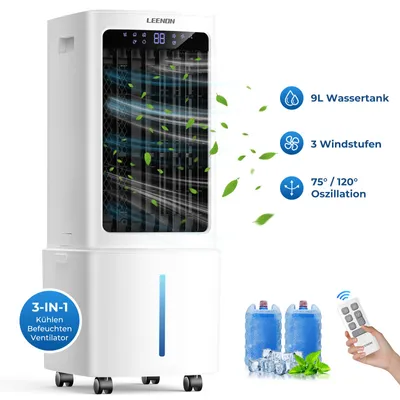 Produktbild von Mobiler Luftkühler mit Wasserkühlung 9L – 3in1 Klimagerät, Ventilator & Luftbefeuchter, leise & energiesparend mit Timer