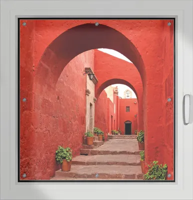 Produktbild von Wallario Lichtschutzbild, Dekorativer Sichtschutz Sonnenschutz 96 x 93 cm mit Motiv: Roter Torbogen - Verdunklung ohne Bohren