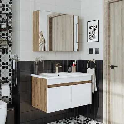 Produktbild von Roomart ATRIA-85 Badmöbel-Set 3-teilig 85 cm breit, Weiß-Eiche